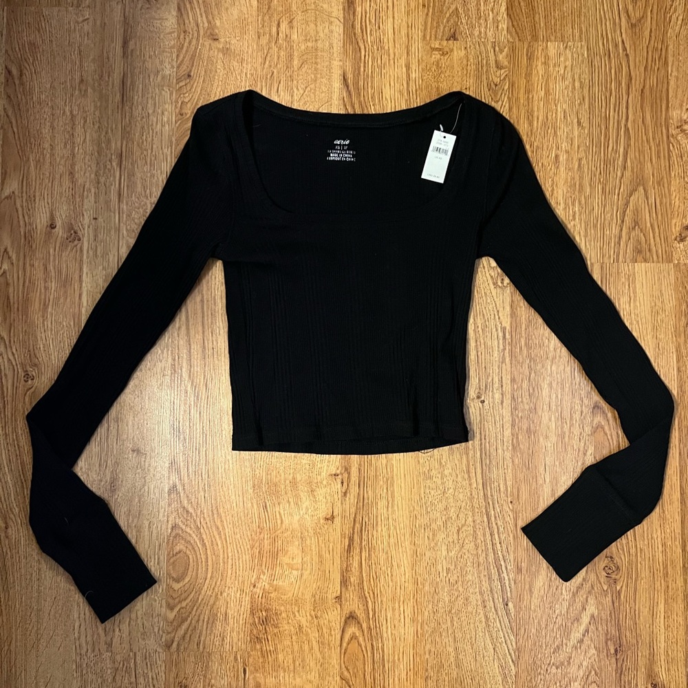 Aerie, Black Ribbed, Long Sleeve, Square Neck, Size XS